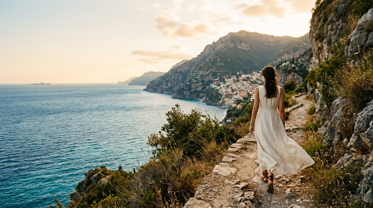 Mujer con vestido largo caminando por un sendero costero al atardecer - ZEYNO