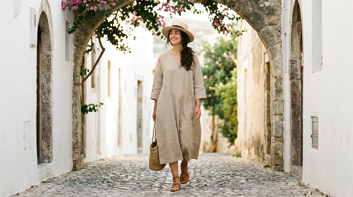 Mujer con vestido de lino beige en una calle mediterránea al atardecer - ZEYNO